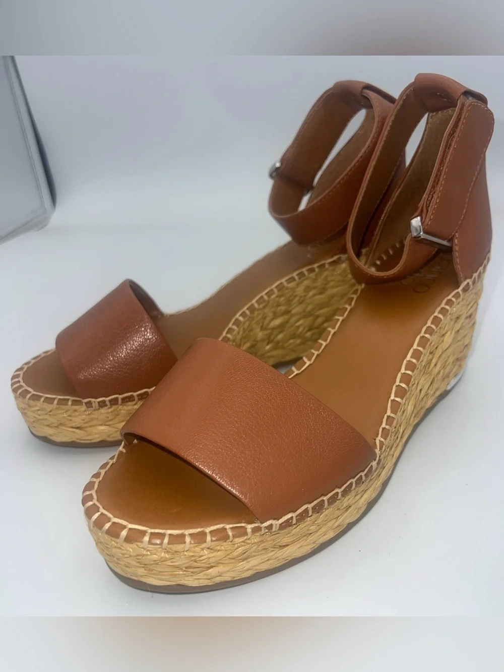 Franco Sarto Women’s Clemens Espadrille Wedge Sandal Cognac Brown Leather Size 8